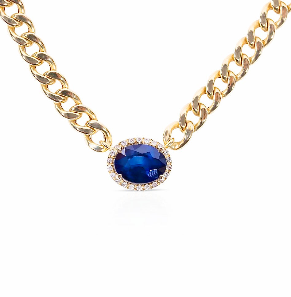 14K GOLD BLUE SAPPHIRE DIAMOND CUBAN LINK NECKLACE