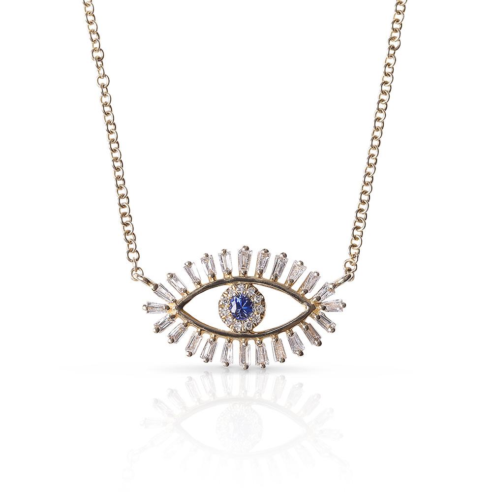 BAGUETTE DIAMOND EVIL EYE NECKLACE WITH BLUE SAPPHIRE EYE
