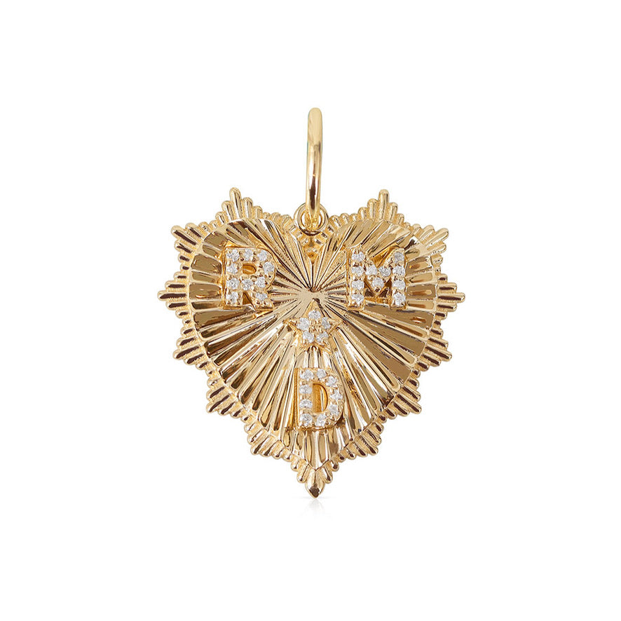 14K GOLD FLUTED HEART CHARM 30MM WITH 4 INITIALS