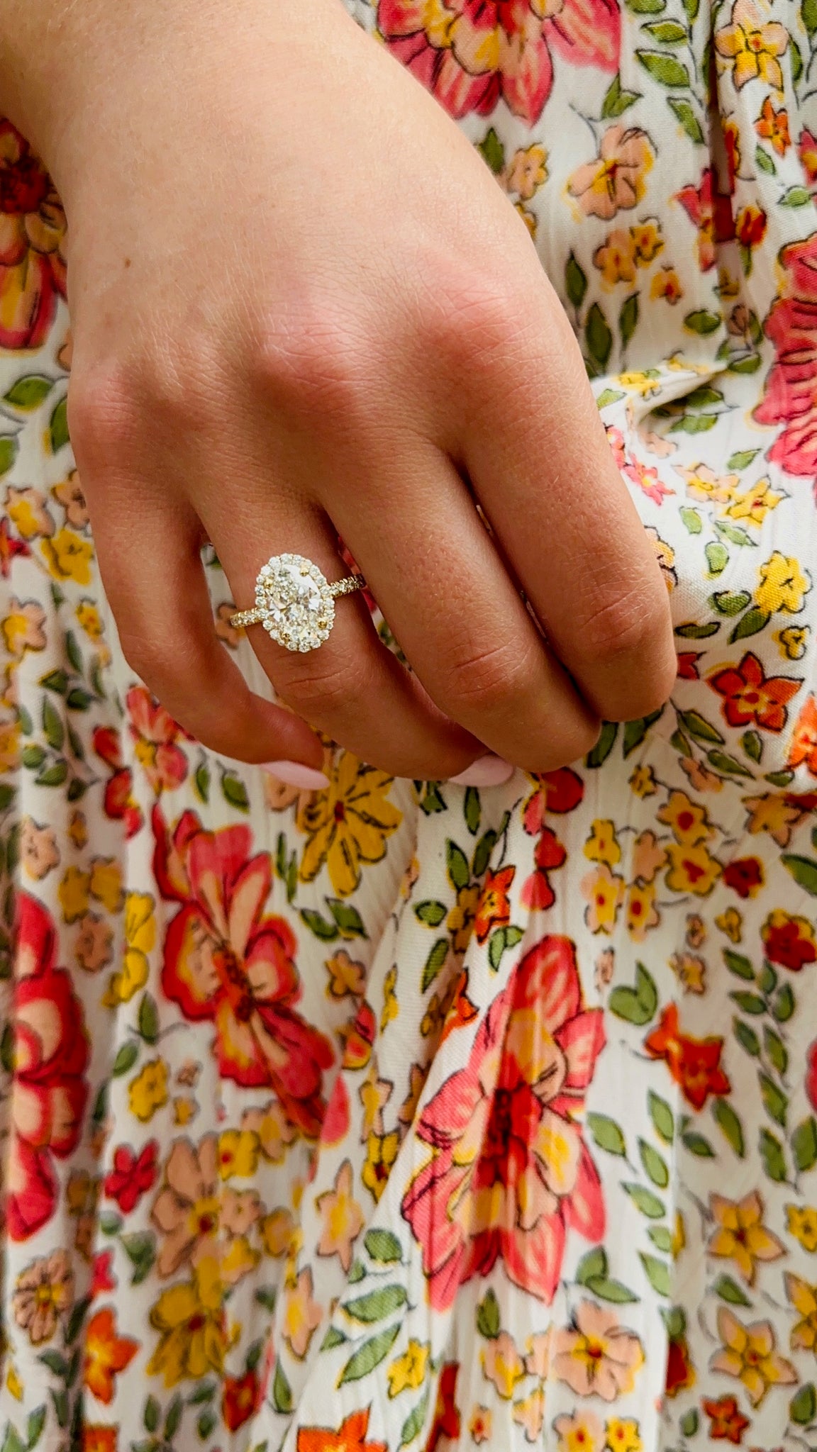 OVAL DIAMOND ENGAGEMENT RING HALO AND PAVE BAND