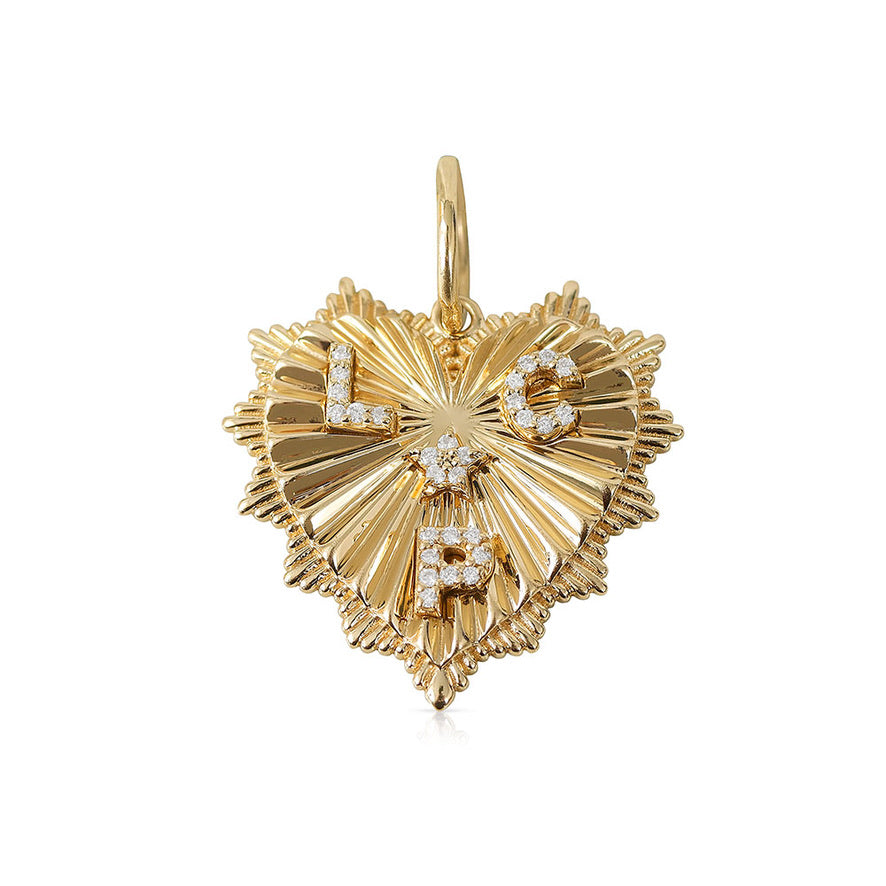 14K GOLD FLUTED HEART CHARM 30MM WITH 4 INITIALS