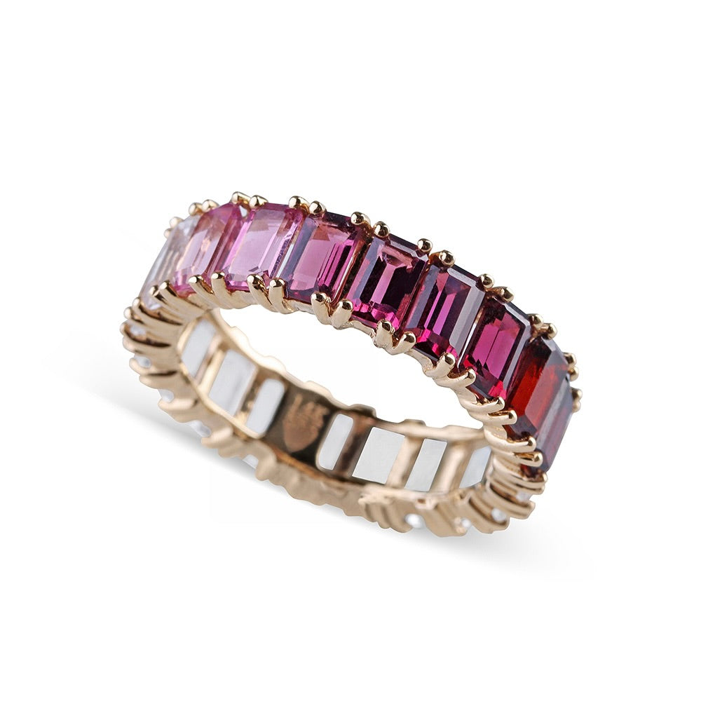 PINK OMBRE EMERALD CUT TOPAZ ETERNITY BAND