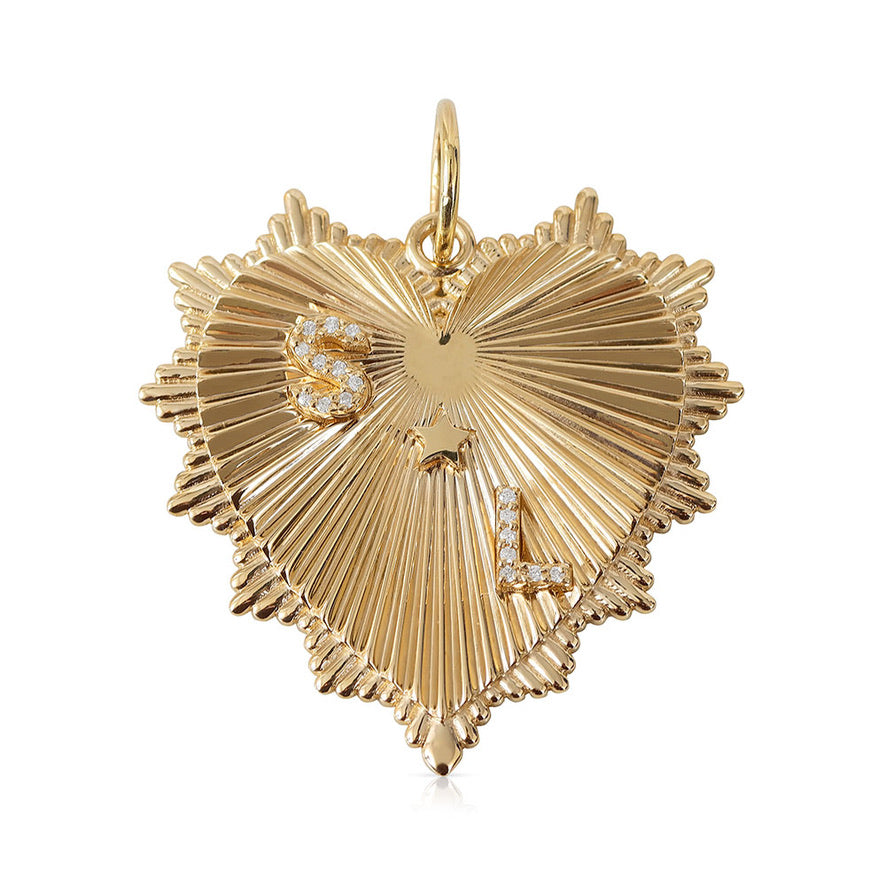 14K GOLD FLUTED HEART CHARM 30MM WITH 4 INITIALS