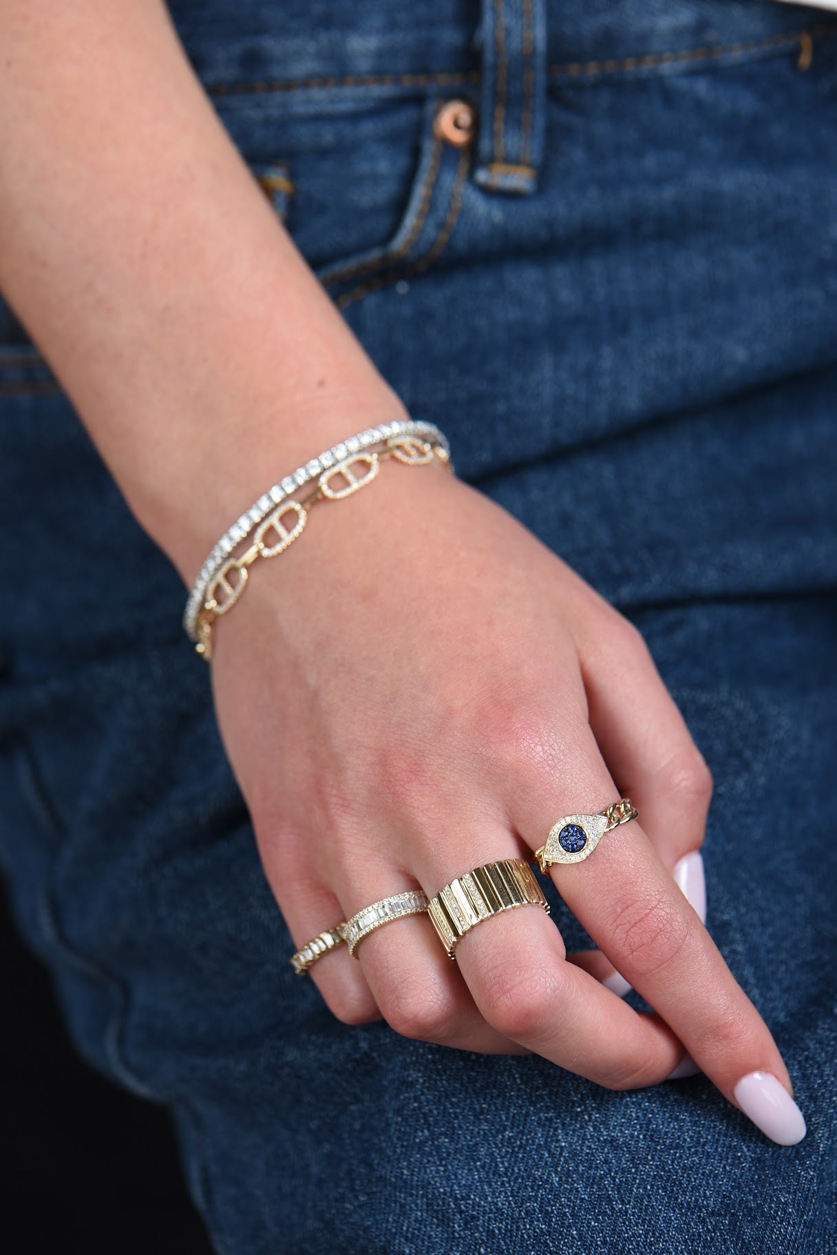 DIAMOND 14K GOLD EVIL EYE CUBAN LINK RING 