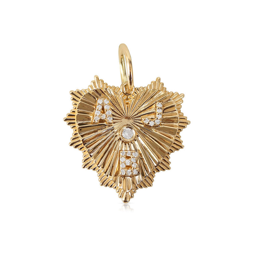 14K GOLD FLUTED HEART CHARM 30MM WITH 4 INITIALS