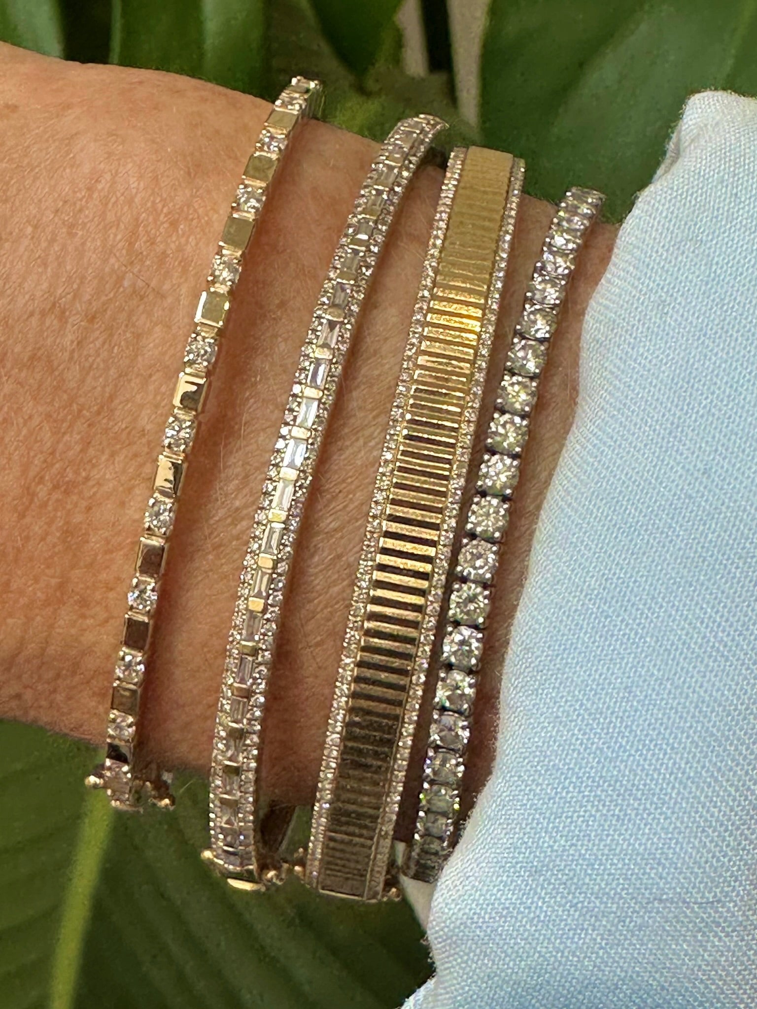 Gorgeous Diamond Bangle in 14K Gold, in a beautiful square pattern with alternating diamonds