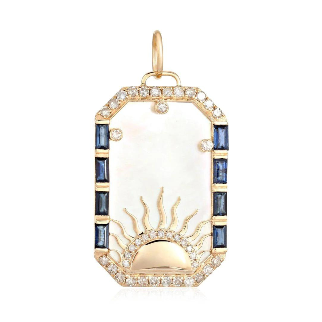 MOTHER OF PEARL WITH SAPPHIRE AND DIAMOND SUN MEDALLION