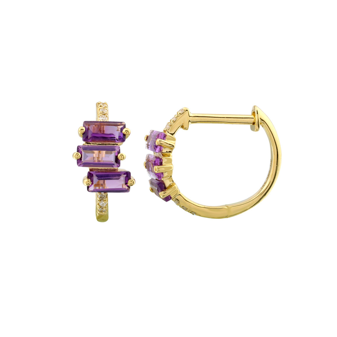 BAGUETTE AMETHYST AND DIAMOND HOOP EARRINGS