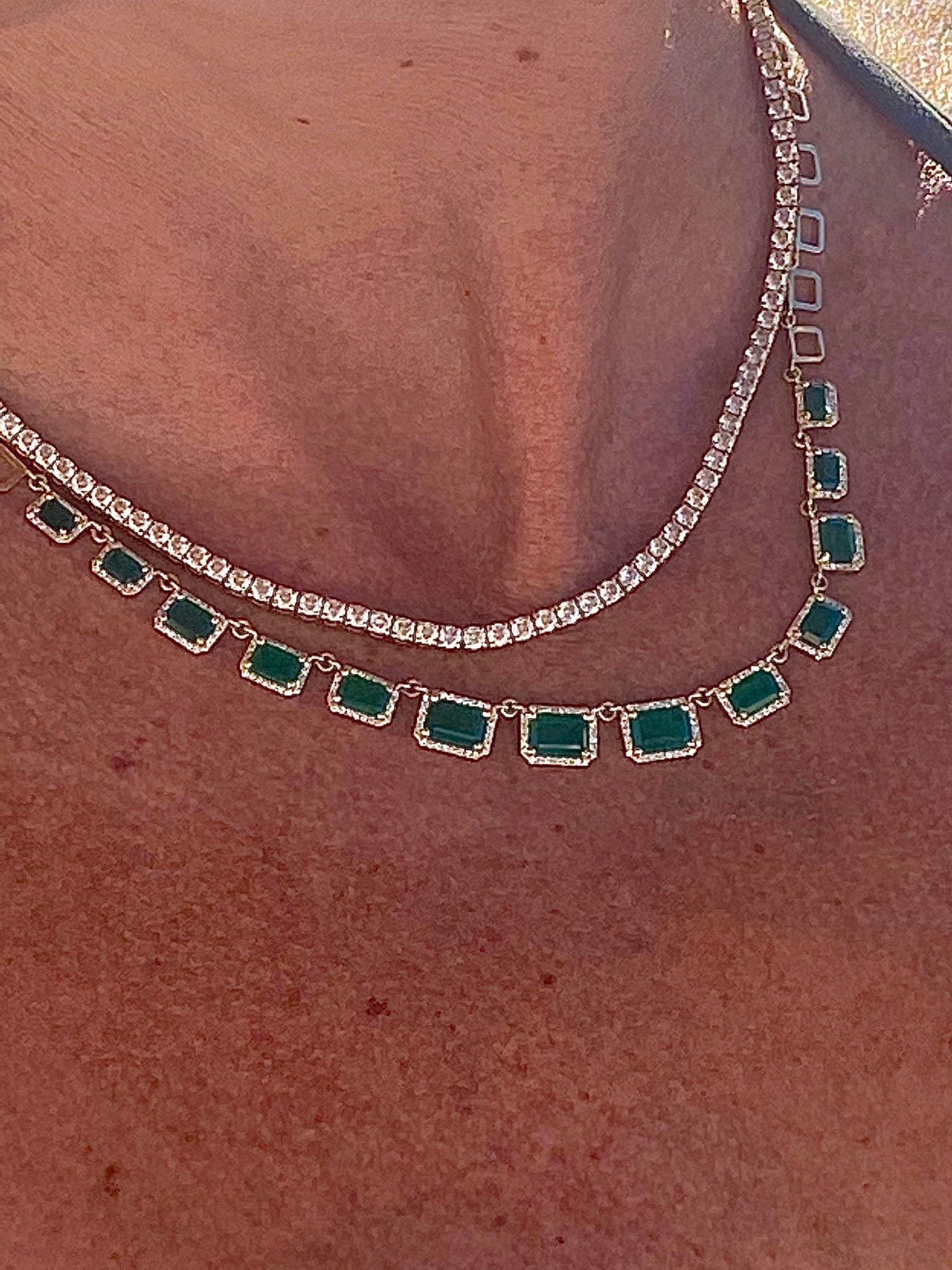 14K GOLD GRADUATED EMERALD & DIAMOND NECKLACE