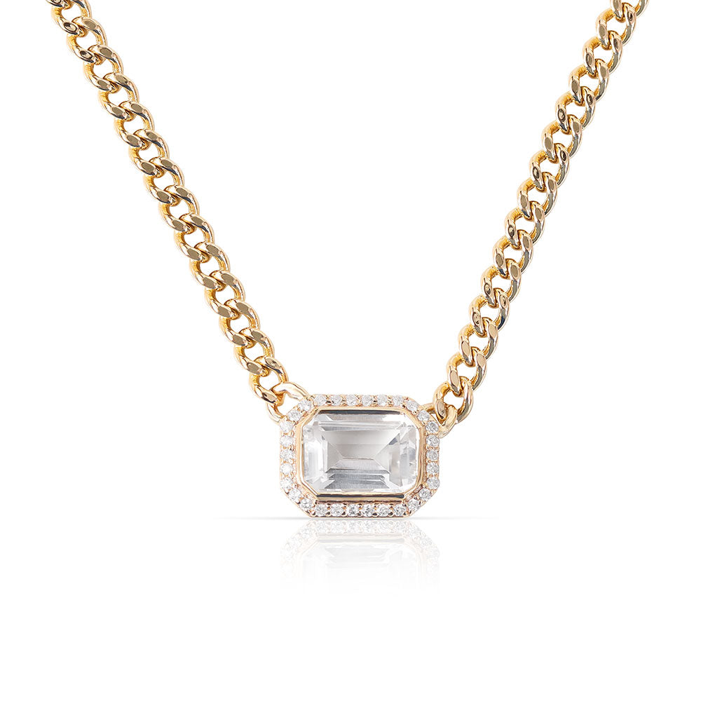 EMERALD CUT TOPAZ WITH DIAMOND SURROUND NECKLACE