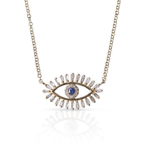 BAGUETTE DIAMOND EVIL EYE NECKLACE WITH BLUE SAPPHIRE EYE