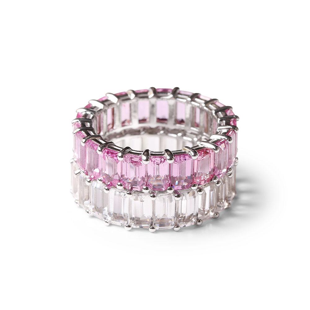 CLEAR TOPAZ AND PINK SAPPHIRE EMERALD CUT ETERNITY BANDS