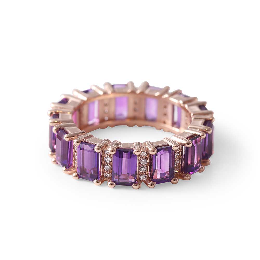 ROSE GOLD EMERALD CUT AMETHYST WITH DIAMONDS ETERNITY BAND RING