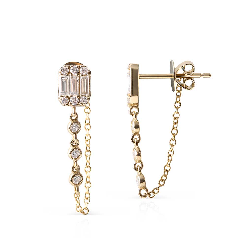 BAGUETTE AND BRILLIANT CUT DIAMOND CHAIN EARRINGS
