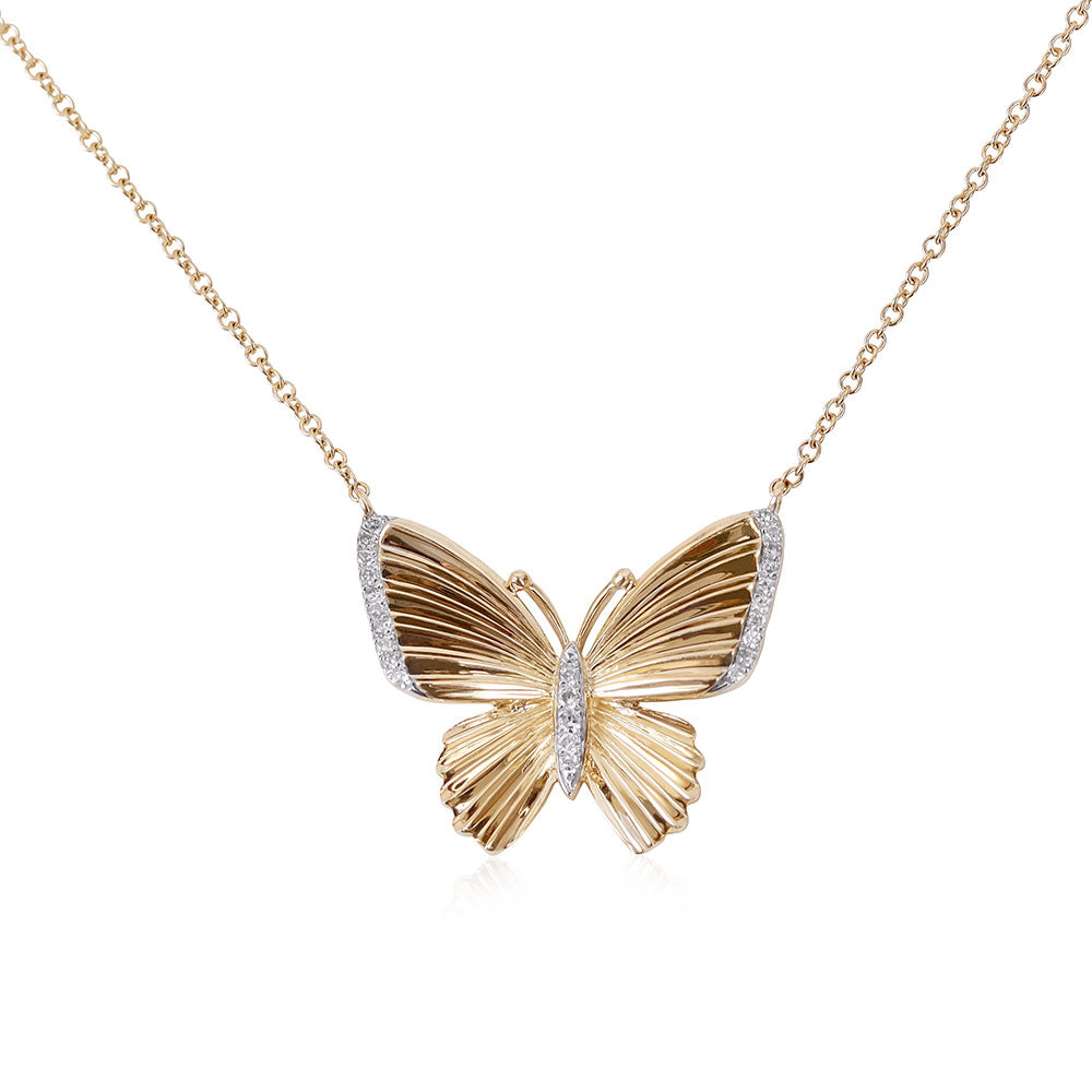 14K FLUTED GOLD AND DIAMOND BUTTERFLY NECKLACE