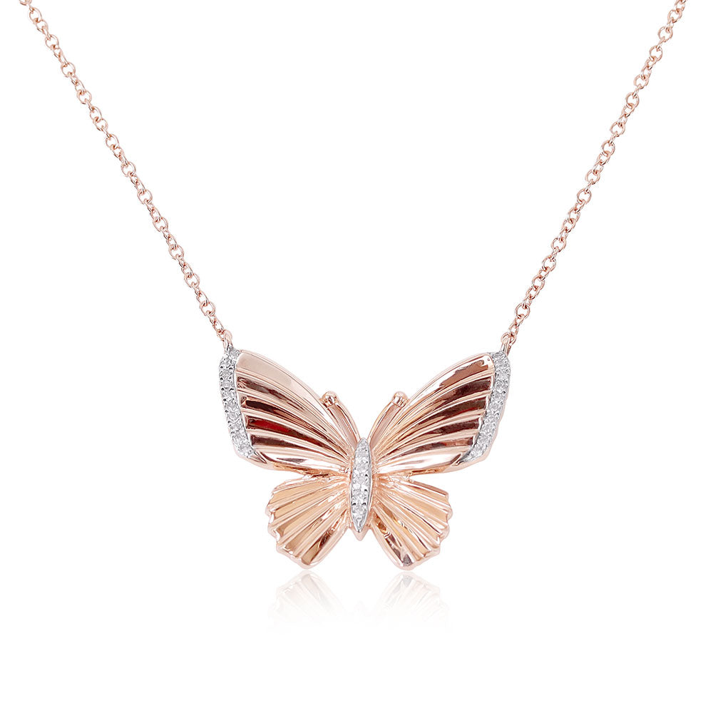 14K FLUTED GOLD BUTTERFLY NECKLACE WITH DIAMONDS