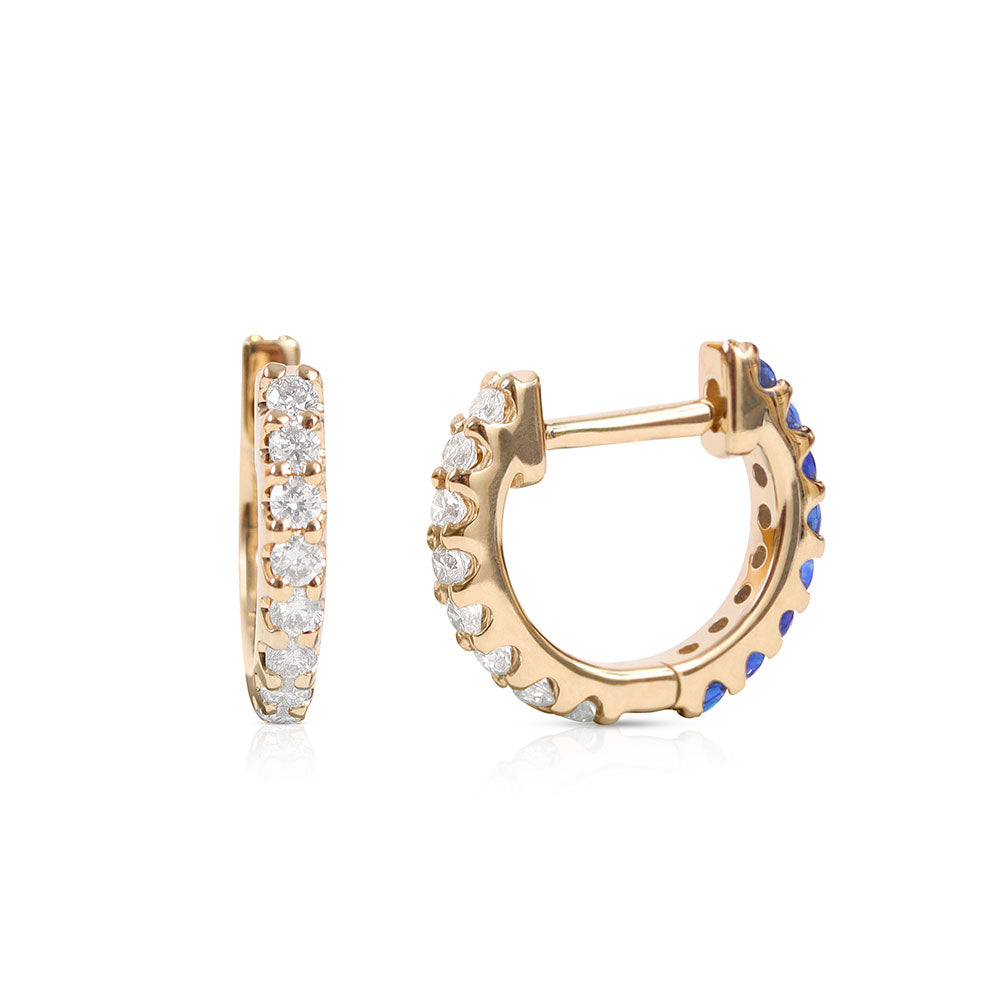 14K Gold Blue Sapphire and Diamond Reversible Huggie Earring