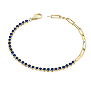 14K Yellow Gold Half Blue Sapphire Tennis and Paperclip Chain Bracelet