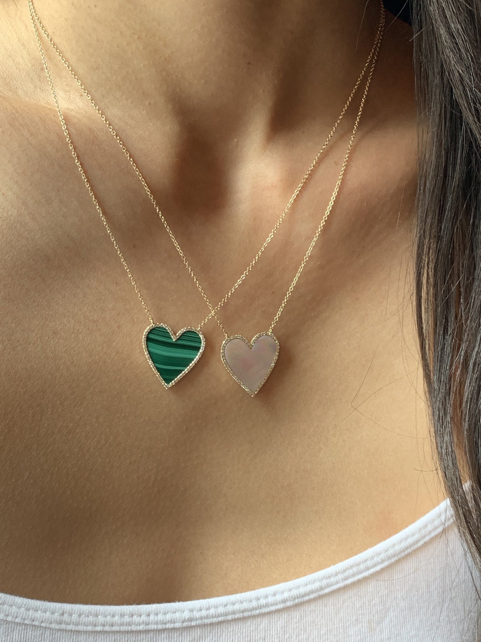 MOTHER OF PEARL AND DIAMOND HEART NECKLACE