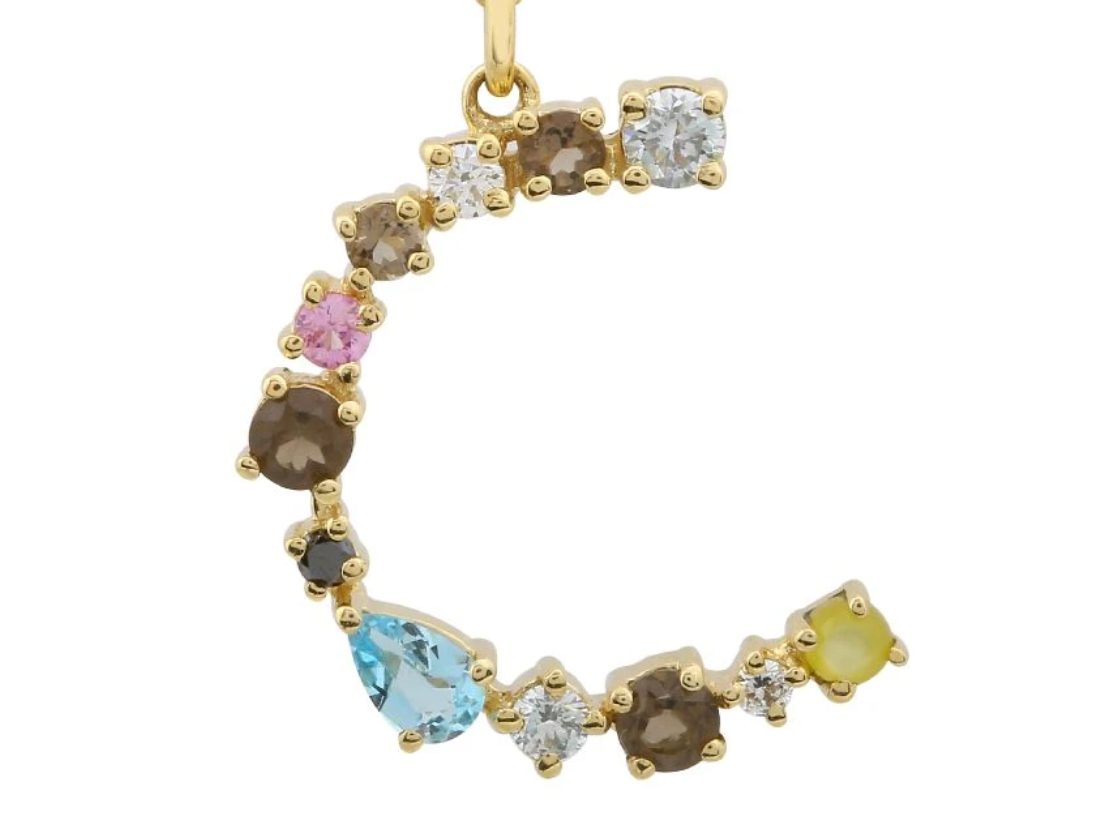 MOONSTONE, DIAMOND, SAPPHITE AND TOPAZ INITIAL CHARM