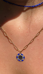 14K GOLD DIAMOND AND BLUE LAPIS MEDALLION