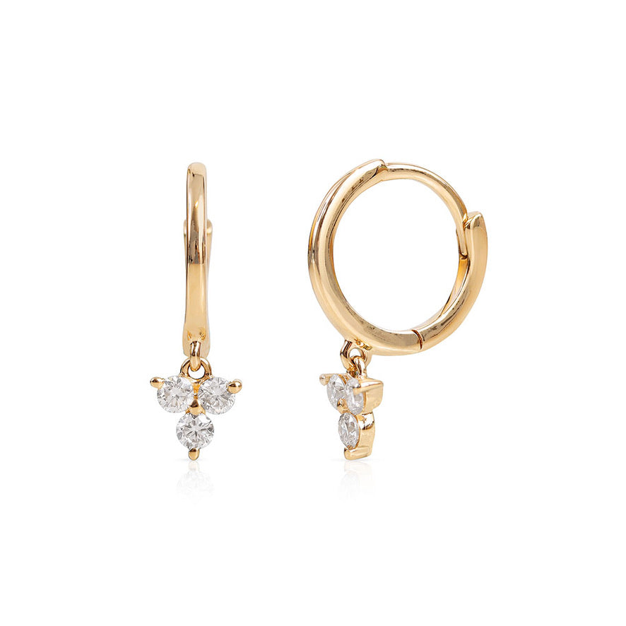 A pair of 14K gold diamond drop huggie earrings, with the earrings displayed both closed and open.