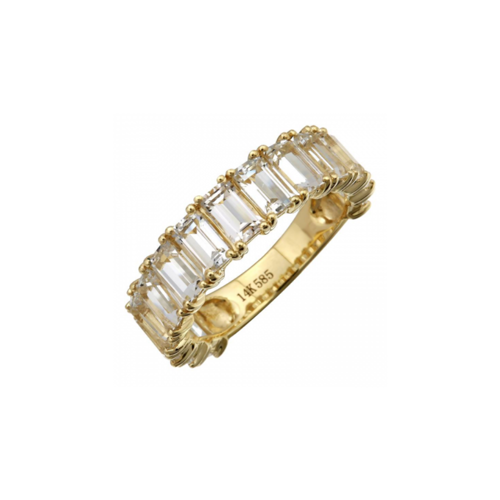 LARGE YELLOW GOLD WHITE TOPAZ EMERALD CUT 3/4 BAND