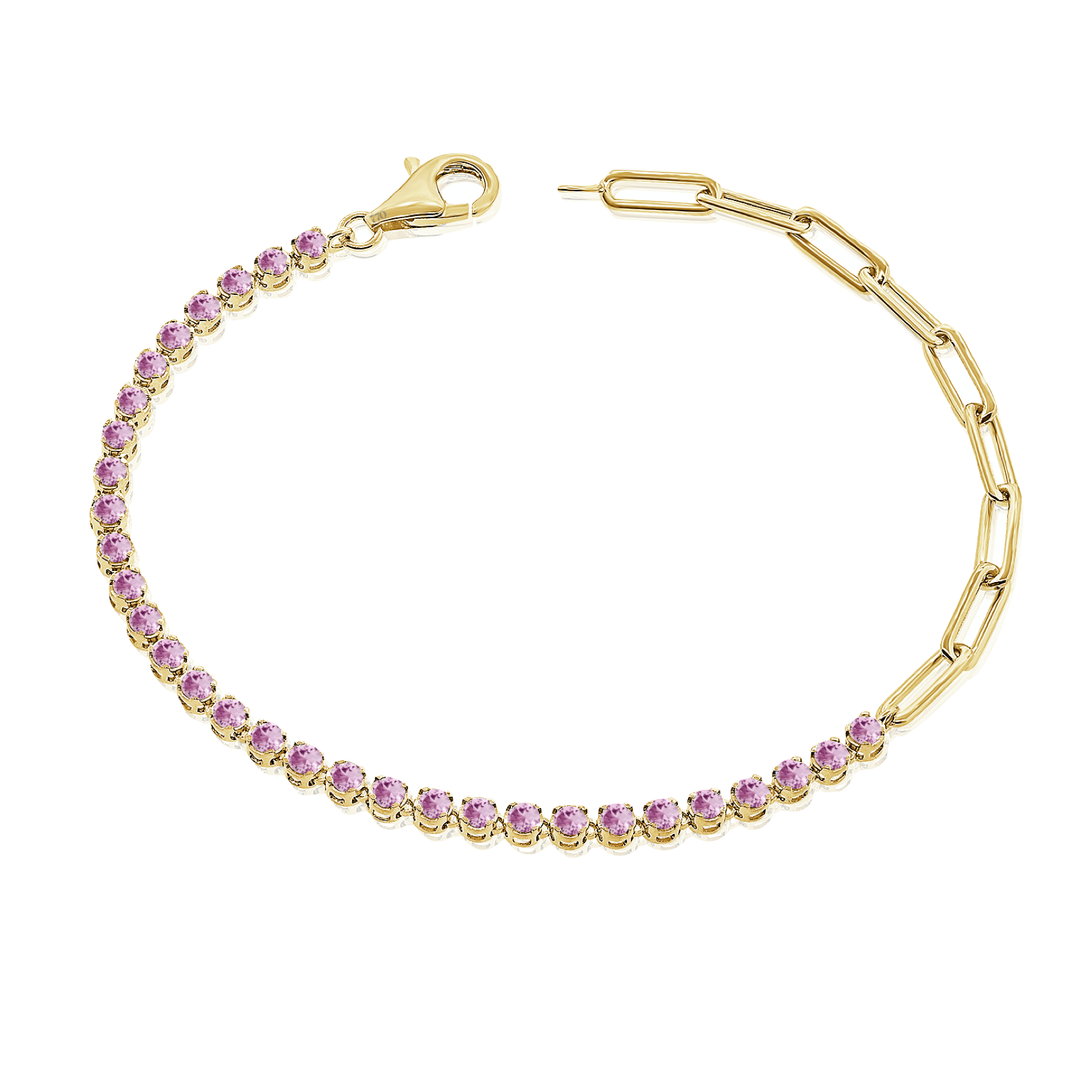14K Yellow Gold Half Pink Sapphire Tennis and Paperclip Chain