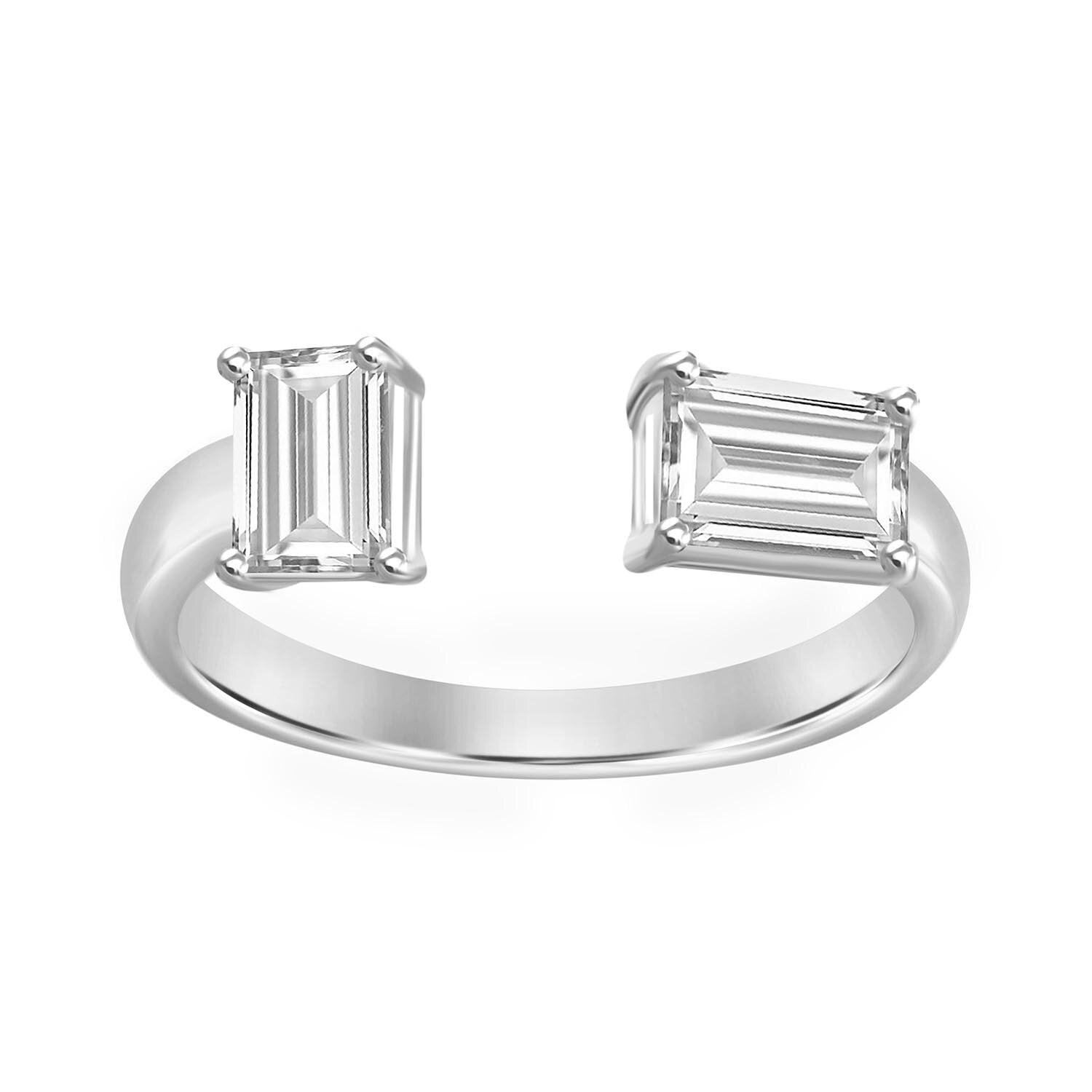 18K WHITE GOLD EMERALD CUT DIAMOND MISMATCHED RING
