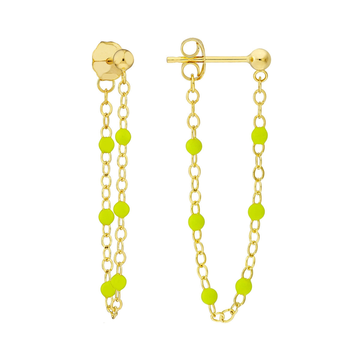 14K GOLD LONG ENAMEL BEAD CHAIN EARRINGS